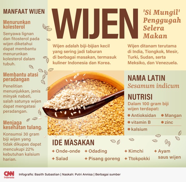 Wijen adalah biji-bijian kecil yang sering jadi taburan di berbagai masakan, termasuk kuliner Indonesia dan Korea.