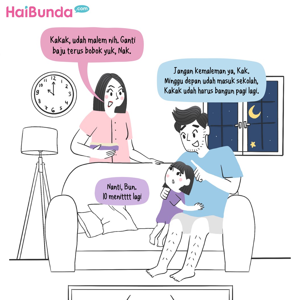 Selama libur sekolah, Si Kakak jadi bebas tidur malam. Tapi rupanya, hal ini bikin Bubun dan Ayah jadi kewalahan mengatur jadwalnya saat masuk sekolah kembali.