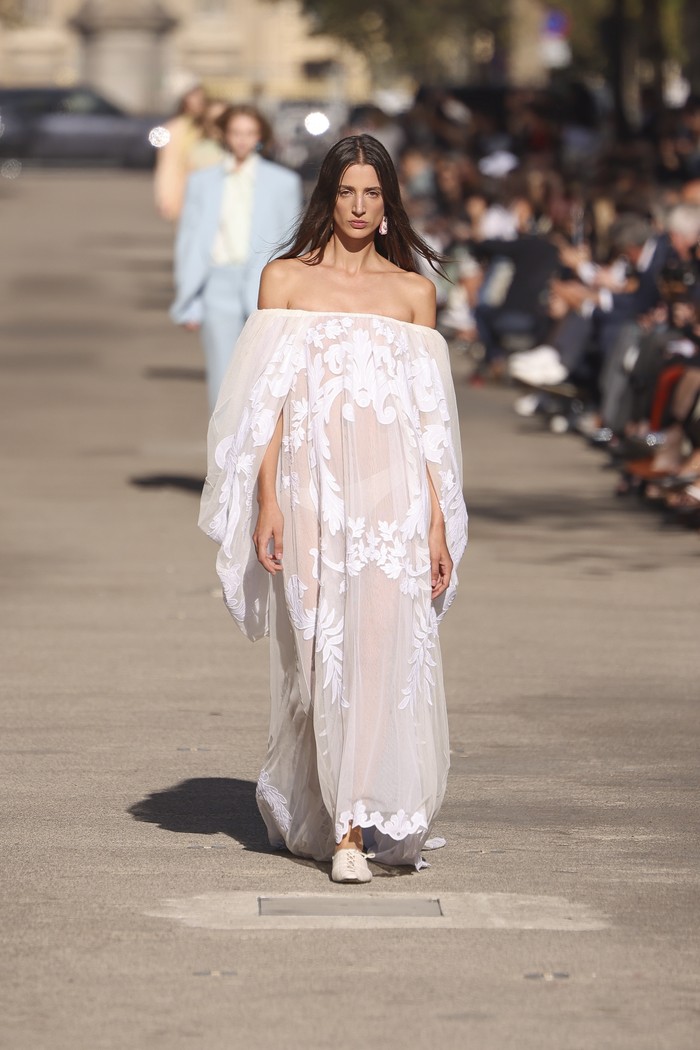 A model wears a creation for the Stella McCartney Spring/Summer 2024 womenswear fashion collection presented Monday, Oct. 2, 2023 in Paris. (AP Photo/Vianney Le Caer)