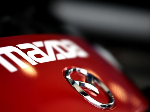MARTINSVILLE, VIRGINIA - AUGUST 21: A detailed view of the Mazda logo is seen during the Mazda MX-5 Cup Test at Martinsville Speedway on August 21, 2023 in Martinsville, Virginia.   Jared C. Tilton/Getty Images/AFP (Photo by Jared C. Tilton / GETTY I