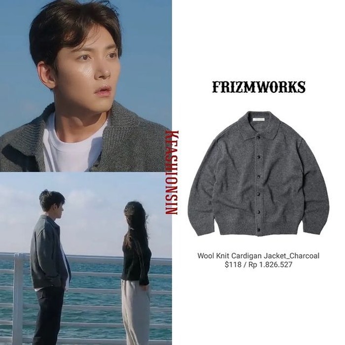 Bicara serius di tepi laut, Ji Chang Wook melapisi kaus putihnya dengan cardigan berbahan wool dari brand FRIZMWORKS yang dihargai Rp1,8 juta./ Foto: instagram.com/kfashionsin