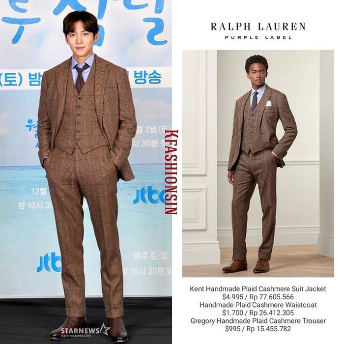 Hadir di konferensi pers menyapa penggemar, total harga setelan Ji Chang Wook sebesar Rp119,4 juta dari merek RALPH LAUREN. Busana Ji Chang Wook menunjukkan look yang elegan, mewah, dan berkelas./ Foto: instagram.com/kfashionsin