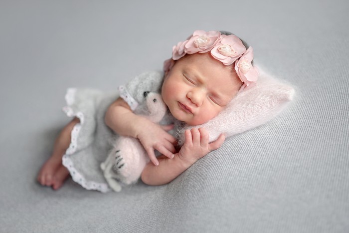 Newborn Girl Sleeps In Gray Dress With Flamingo Toy During Baby Photoshoot In Studio