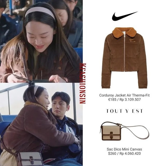 Lagi musim dingin, Shin Hye Sun menghangatkan dirinya dengan jaket corduroy merek NIKE yang dihargai Rp3,1 juta serta tas canvas dari brand TOUT Y EST senilai Rp4 juta./ Foto: instagram.com/kfashionsin