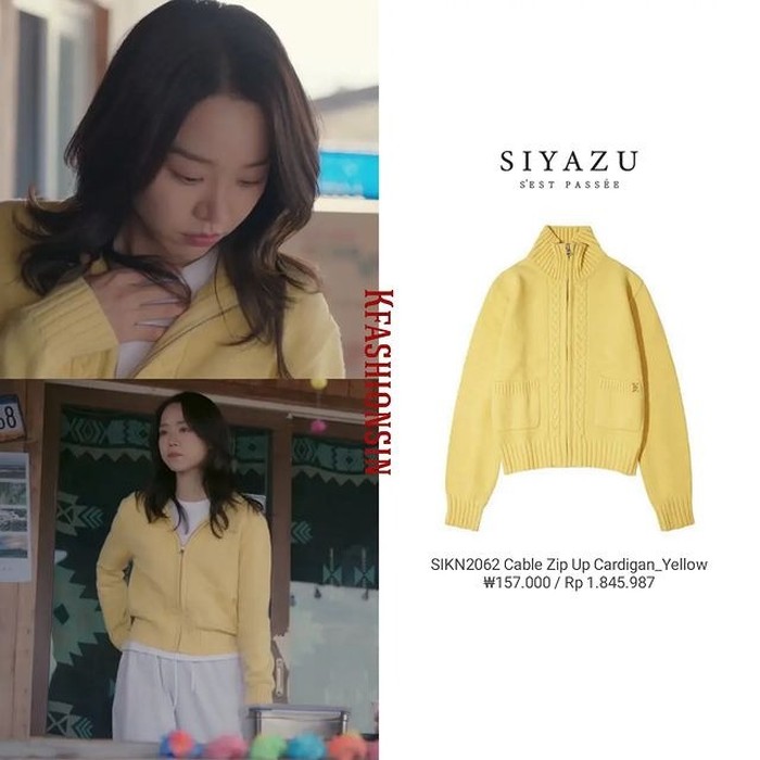 Look Shin Hye Sun terlihat fresh dengan perpaduan warna putih dari sweat pants, serta kuning dari cardigan SIYAZU harga Rp1,8 juta./ Foto: instagram.com/kfashionsin