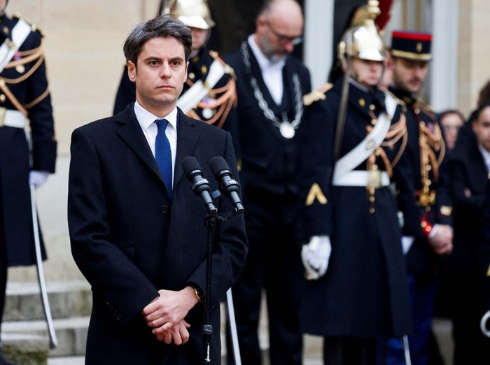 France's newly appointed Prime Minister Gabriel Attal delivers a speech during the handover ceremony with outgoing Prime Minister Elisabeth Borne at the Hotel Matignon in Paris, France, on January 9, 2024. Emmanuel Dunand/Pool via REUTERS France's newly appointed Prime Minister Gabriel Attal delivers a speech during the handover ceremony with outgoing Prime Minister Elisabeth Borne at the Hotel Matignon in Paris, France, on January 9, 2024. Emmanuel Dunand/Pool via REUTERS