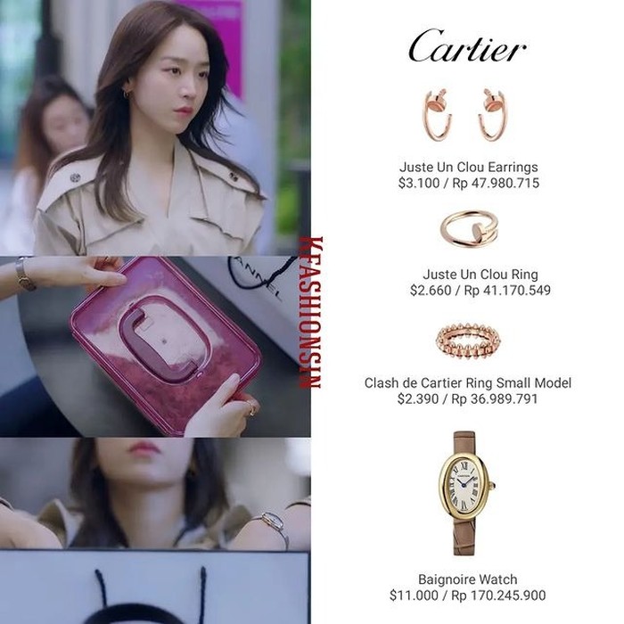 Selain itu, Shin Hye Sun juga mengenakan berbagai aksesori dari brand kenamaan, yaitu Cartier. Untuk total harga anting, cincin, dan juga jam tangan, semua dibanderol hingga Rp296,3 juta. Wah, fantastis banget ya!/ Foto: instagram.com/kfashionsin