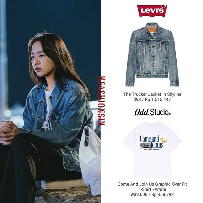 Shin Hye Sun keluar malam-malam mengenakan t-shirt Odd Studio senilai Rp458 ribu yang dikombinasikan dengan jaket trucker dari Levi's harga Rp1,5 juta./ Foto: instagram.com/kfashionsin