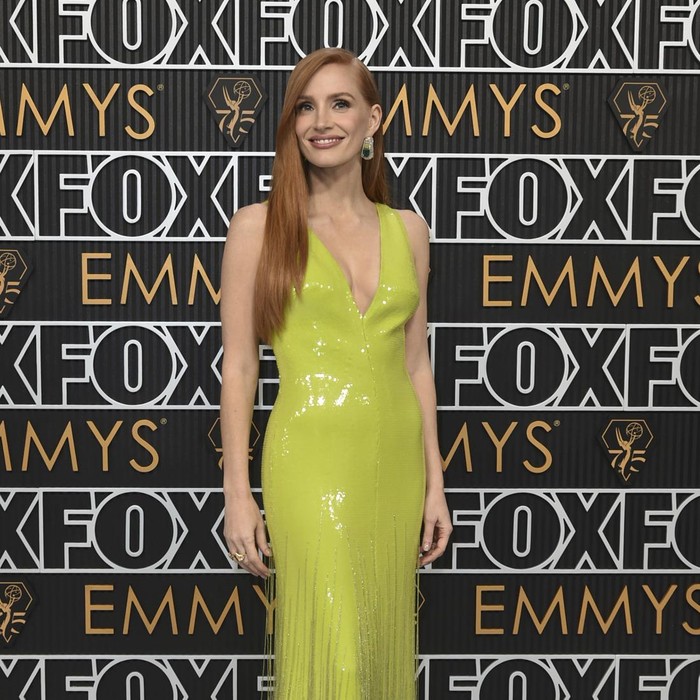 Jessica Chastain arrives at the 75th Primetime Emmy Awards on Monday, Jan. 15, 2024, at the Peacock Theatre in Los Angeles. (Photo by Richard Shotwell/Invision/AP)