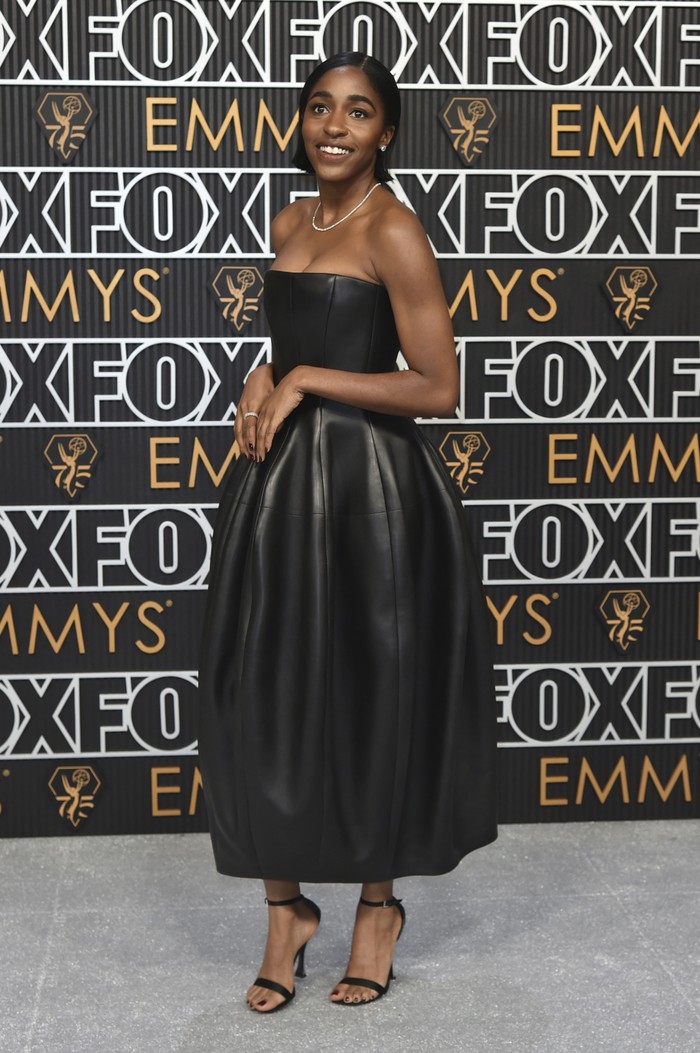 Ayo Edebiri arrives at the 75th Primetime Emmy Awards on Monday, Jan. 15, 2024, at the Peacock Theatre in Los Angeles. (Photo by Richard Shotwell/Invision/AP)