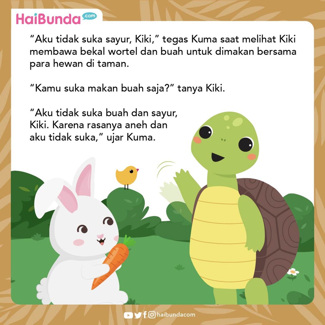 Kuma si kura-kura tidak suka buah dan sayur seperti hewan lainnya, sampai pada suatu hari ia tertarik mencoba wortel milik kelinci. Seperti apa reaksinya?