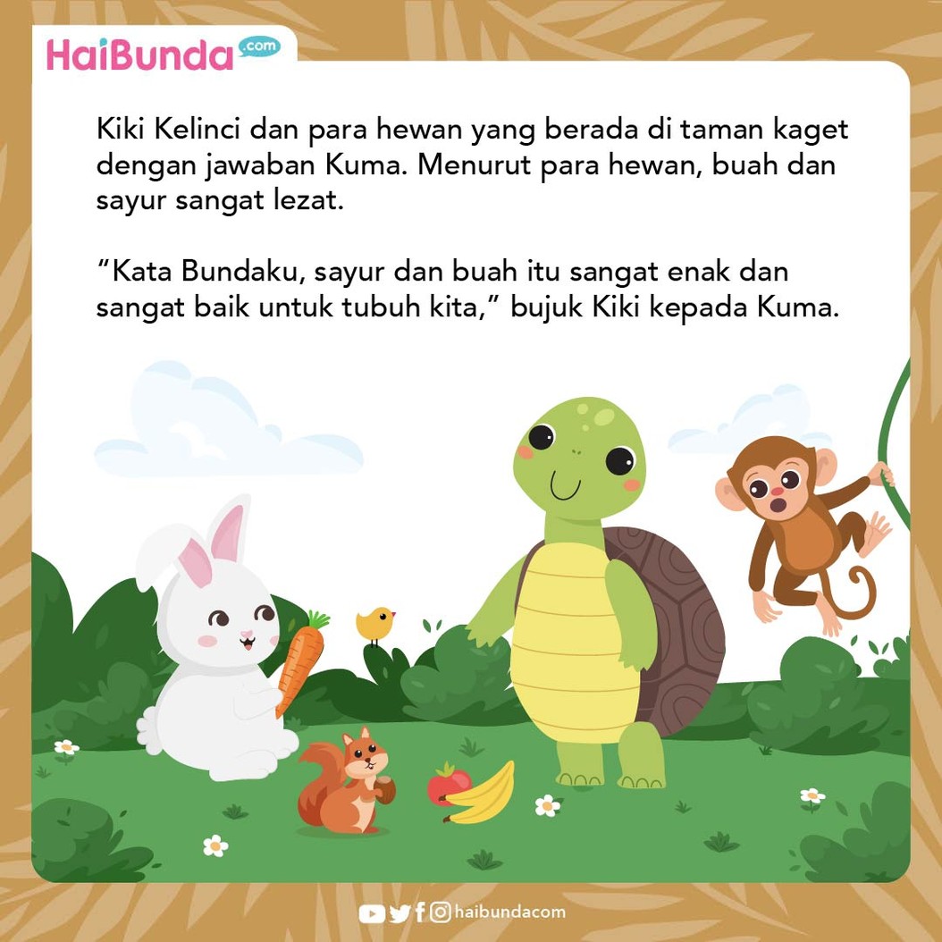 Kuma si kura-kura tidak suka buah dan sayur seperti hewan lainnya, sampai pada suatu hari ia tertarik mencoba wortel milik kelinci. Seperti apa reaksinya?