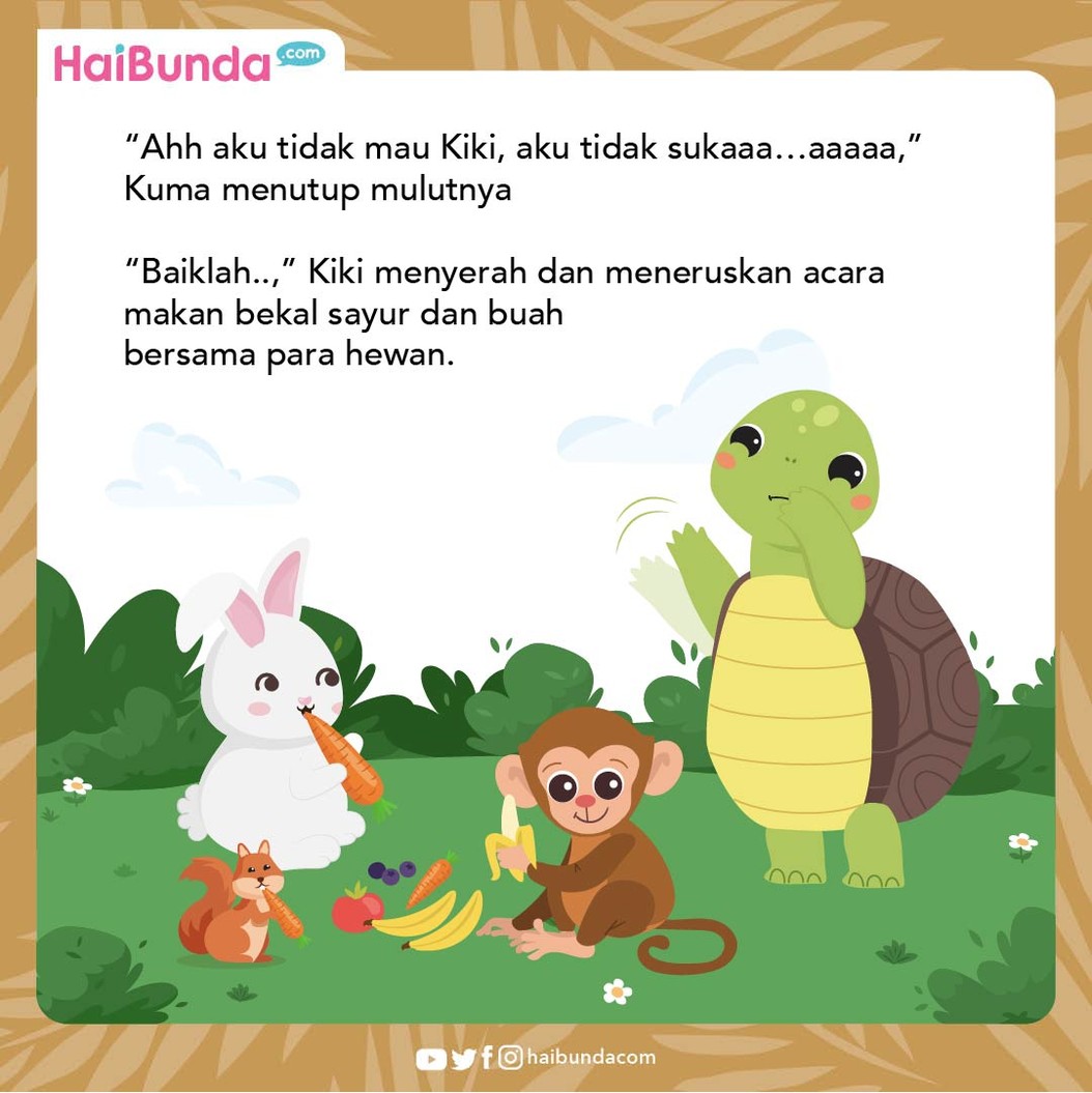Kuma si kura-kura tidak suka buah dan sayur seperti hewan lainnya, sampai pada suatu hari ia tertarik mencoba wortel milik kelinci. Seperti apa reaksinya?