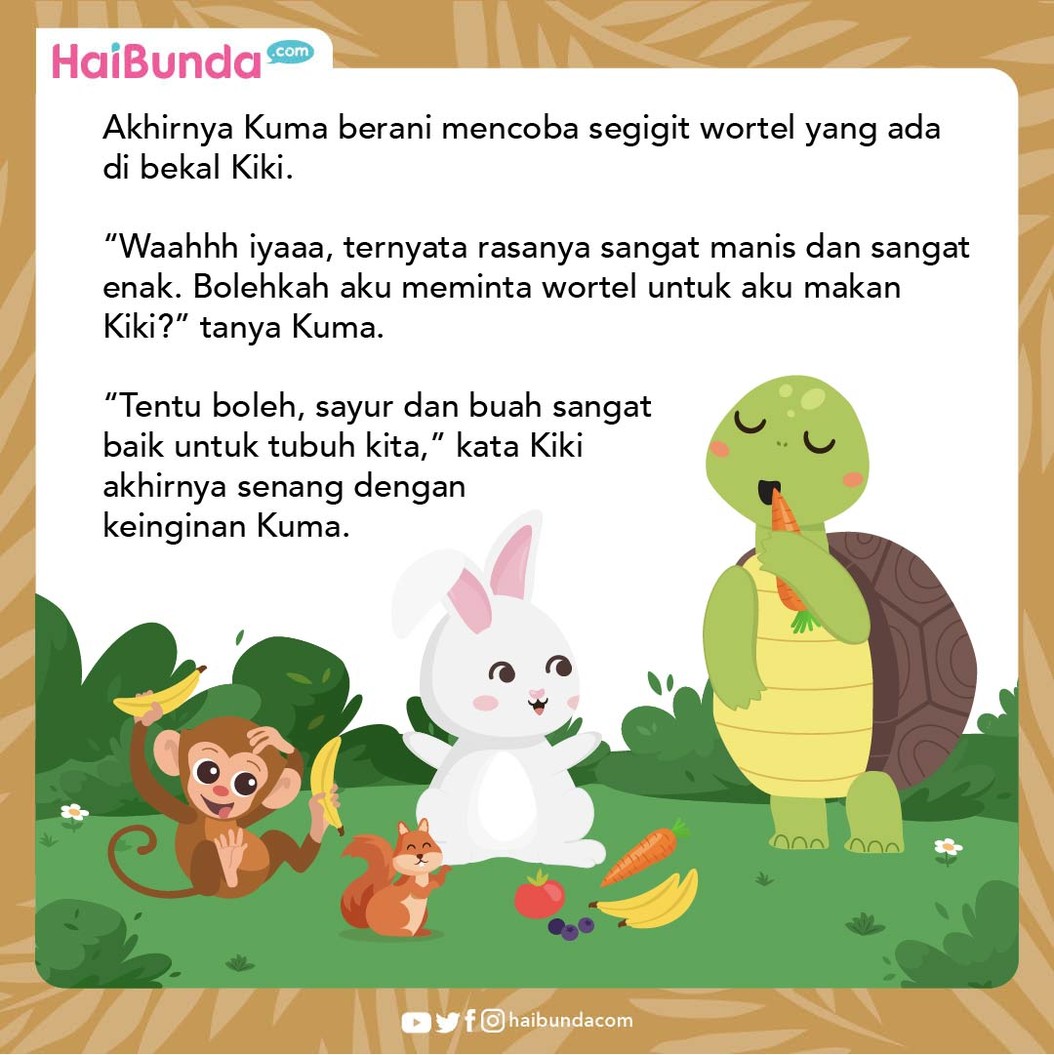 Kuma si kura-kura tidak suka buah dan sayur seperti hewan lainnya, sampai pada suatu hari ia tertarik mencoba wortel milik kelinci. Seperti apa reaksinya?