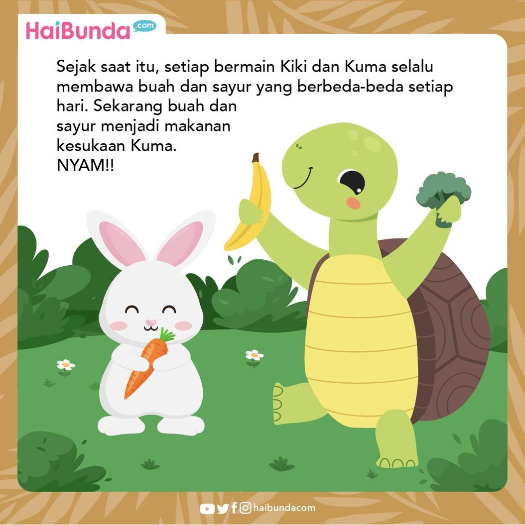 Kuma si kura-kura tidak suka buah dan sayur seperti hewan lainnya, sampai pada suatu hari ia tertarik mencoba wortel milik kelinci. Seperti apa reaksinya?