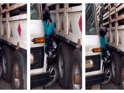 Detik-detik Pemotor Kejepit 2 Truk Besar, Mau Keluar Susah