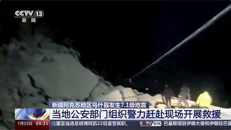 China Quake In this image taken from video footage run by China's CCTV, rescuers work near the rubble from an earthquake in Kizilsu Kirghiz Autonomous Prefecture, China’s western Xinjiang region Tuesday, Jan. 23, 2024. A strong earthquake struck China’s far western Xinjiang region early Tuesday, knocking out power and destroying homes, local authorities and state media reported. (CCTV via AP)