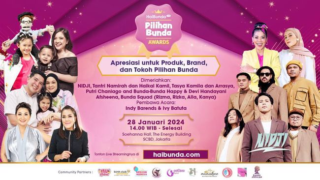 Datang dan saksikan langsung ajang Pilihan Bunda Awards 2023 yang dilaksanakan pada 28 Januari 2024 di Soehanna Hall, SCBD, Jakarta, pukul 14.00 WIB.