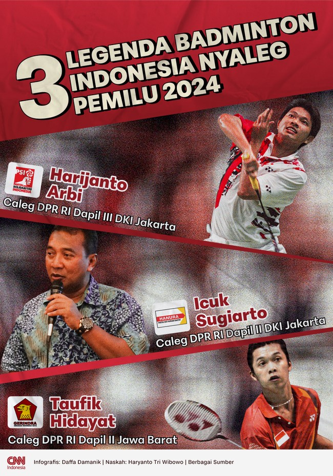 Sebanyak tiga legenda badminton Indonesia 'bertarung' di Pemilihan Umum 2024 dengan menjadi Caleg.