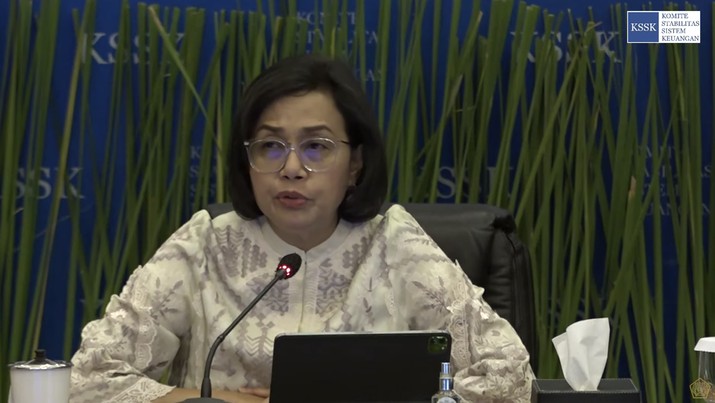 Menteri Keuangan, Sri Mulyani dalam acara Konferensi pers Hasil Rapat Berkala KSSK I Tahun 2024 di Kementerian Keuangan, Selasa (30/1/2024). (Tangkapan layar Youtube Kemenkeu RI)