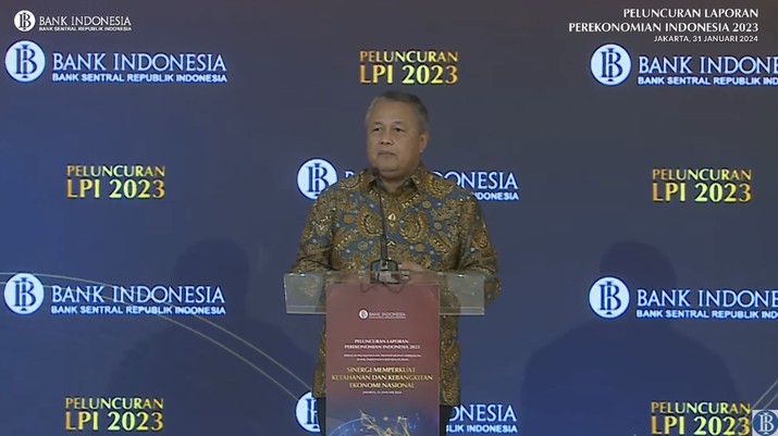 Sambutan Gubernur Bank Indonesia (BI) Perry Warjiyo dalam Peluncuran Laporan Perekonomian Indonesia 2023, Rabu (31/1/2024). (Tangkapan layar Youtube Bank Indonesia)