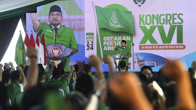 Mantan Ketua Umum GP Ansor Yaqut Cholil Qoumas menyerahkan sikap organisasi tersebut kepada ketua umum terpilih terkait Pemilu 2024.