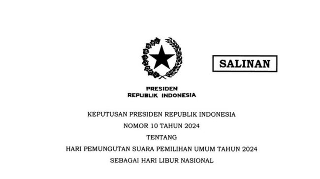 Presiden Jokowi resmi menetapkan 14 Februari 2024 sebagai hari libur nasional dalam rangka hari pencoblosan Pemilu 2024 melalui Keppres Nomor 10 Tahun 2024.
