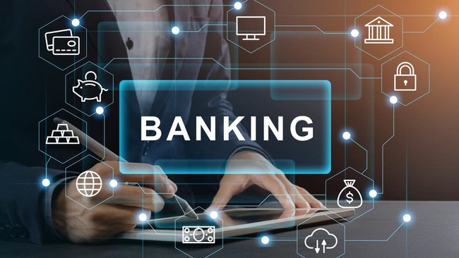 Electronic banking concept. Businessman using online financial service on tablet computer, creative collage with pictograms