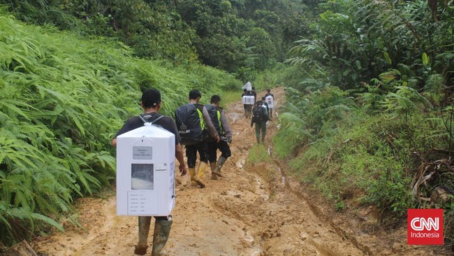 Panitia berjalan kaki selama tiga jam, termasuk menyusuri jalur gajah, untuk mengantar logistik pemilu bagi warga adat Talang Mamak, Jambi.