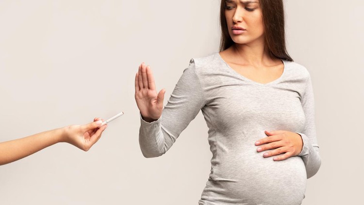 Pregnancy And Smoking. Pregnant Woman Gesturing Stop Refusing To Take Cigarette Standing Over Gray Background In Studio.