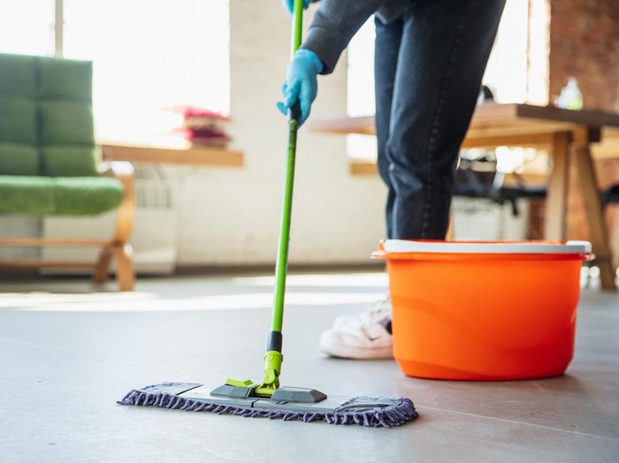 Disinfecting in home during epidemic - prevention and protection of coronavirus spreading. Protect respiratory system against pneumonia, COVID-19. Sanitizers, face mask, gloves.