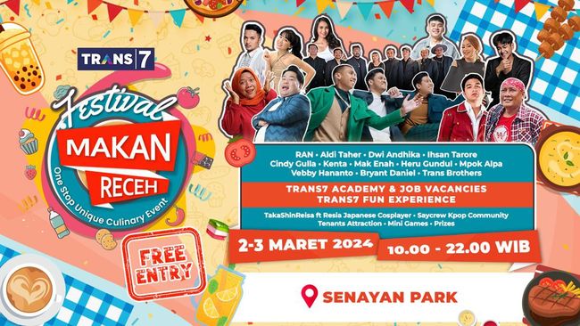 Bertempat di Senayan Park, Jakarta pada 2-3 Maret 2024, festival makan receh dari TRANS7 siap menggoyang lidah para pengunjung dengan berbagai hidangan lezat.