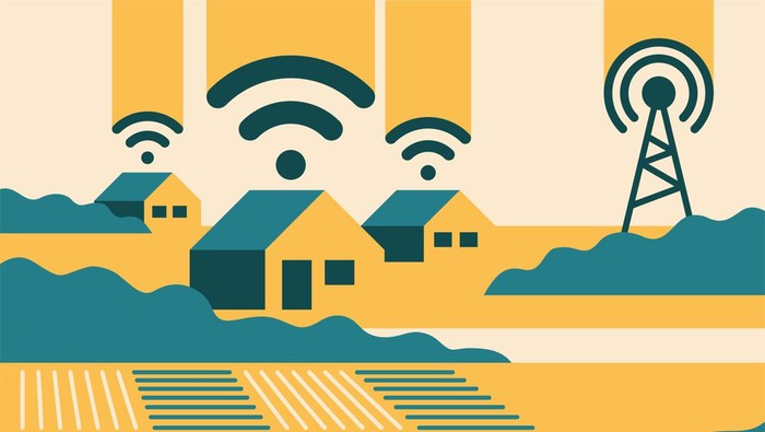 Rural broadband for e-connectivity of agricultural workers. Landscape with village houses and internet connection waves
