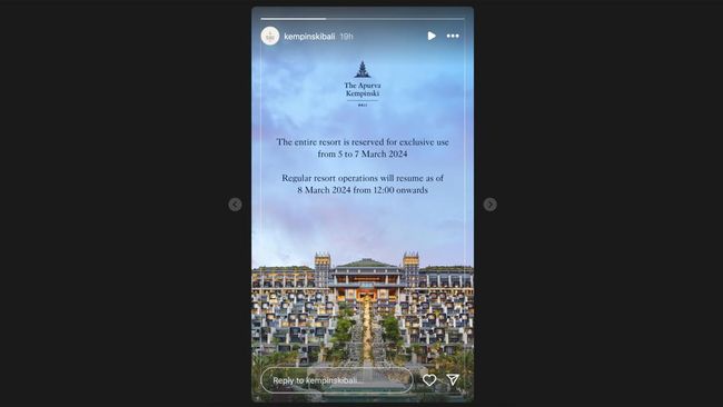 Apurva Kempinski Bali tidak beroperasional secara reguler pada 5-7 Maret 2024 dan baru beroperasi lagi pada 8 Maret 2024 dan seterusnya. 