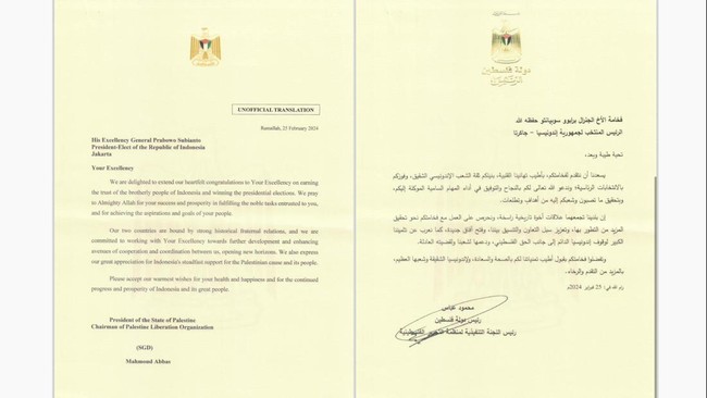 Calon presiden nomor urut 2, Prabowo Subianto, mengapresiasi ucapan selamat yang disampaikan Presiden Palestina, Mahmoud Abbas.