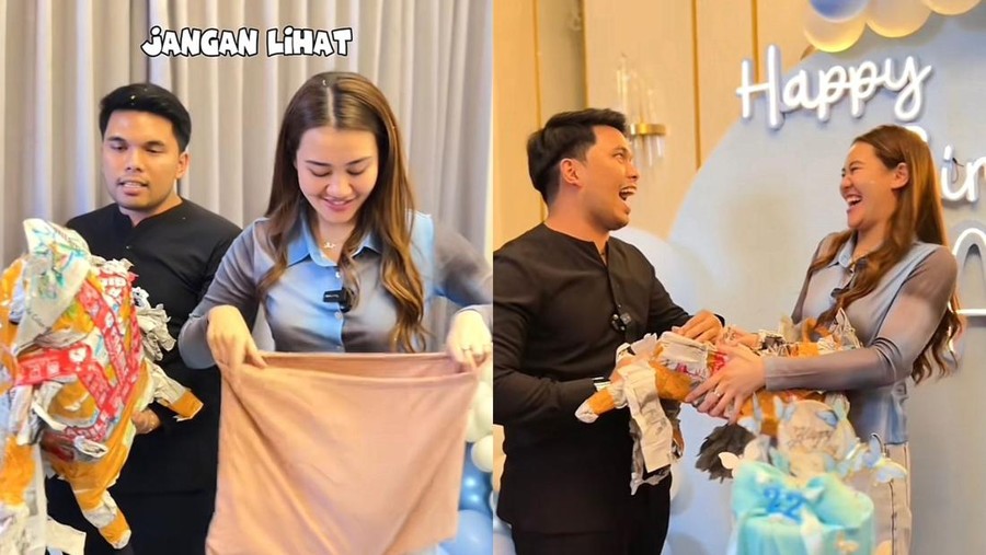 Momen Thariq Halilintar memberikan kado berbungkus koran untuk Aaliyah Massaid