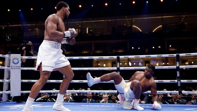 Petarung UFC Francis Ngannou sempat pingsan beberapa saat usai kena pukulan eksplosif petinju Anthony Joshua dalam pertarungan crossover, Sabtu (9/3).