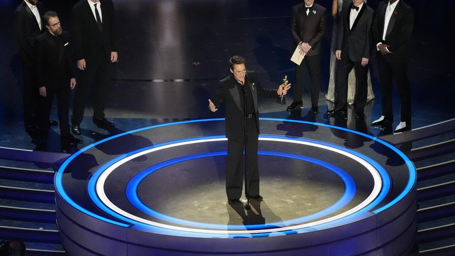 96th Academy Awards - Press Room Robert Downey Jr. poses in the press room with the award for best performance by an actor in a supporting role for "Oppenheimer" at the Oscars on Sunday, March 10, 2024, at the Dolby Theatre in Los Angeles. (Photo by Jordan Strauss/Invision/AP)