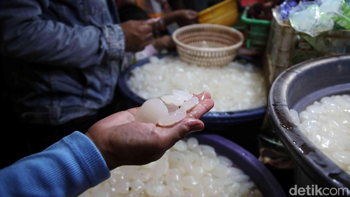 Kolang-kaling merupakan bahan makanan yang dapat diolah menjadi menu takjil. Saat Ramadan, kolang-kaling pun laris manis diserbu pembeli. Seperti terlihat di Pasar Koja Baru, Jakarta Utara, Senin (11/3/2024).
