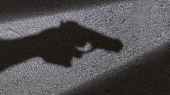 A shadow of a hand holding a gun in his hand.