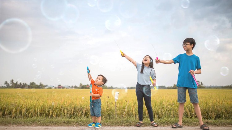 3 little Asia Chinese Kid having fun with playing soap bubble at rice paddy field.