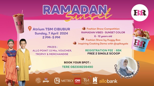 Baskin Robbins akan menggelar acara bertajuk Ramadan Sunset untuk memeriahkan bulan suci di Atrium Trans Studio Mall Cibubur pada Minggu (7/4).