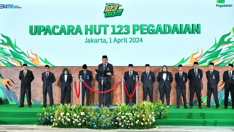 PT Pegadaian memperingati hari ulang tahun ke-123 yang jatuh pada 1 April 2024 melalui upacara yang digelar serentak di seluruh Indonesia secara hibrida.