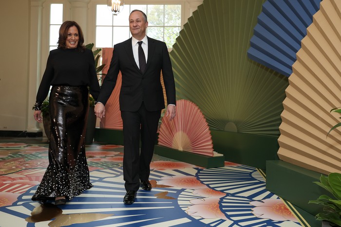 WASHINGTON, DC - APRIL 10: US Vice President Kamala Harris and Second Gentleman Doug Emhoff arrive at the White House for a state dinner on April 10, 2024 in Washington, DC. U.S. President Joe Biden and first lady Jill Biden are hosting a state dinner for Japanese Prime Minister Fumio Kishida as part of his official state visit.  (Photo by Tasos Katopodis/Getty Images)