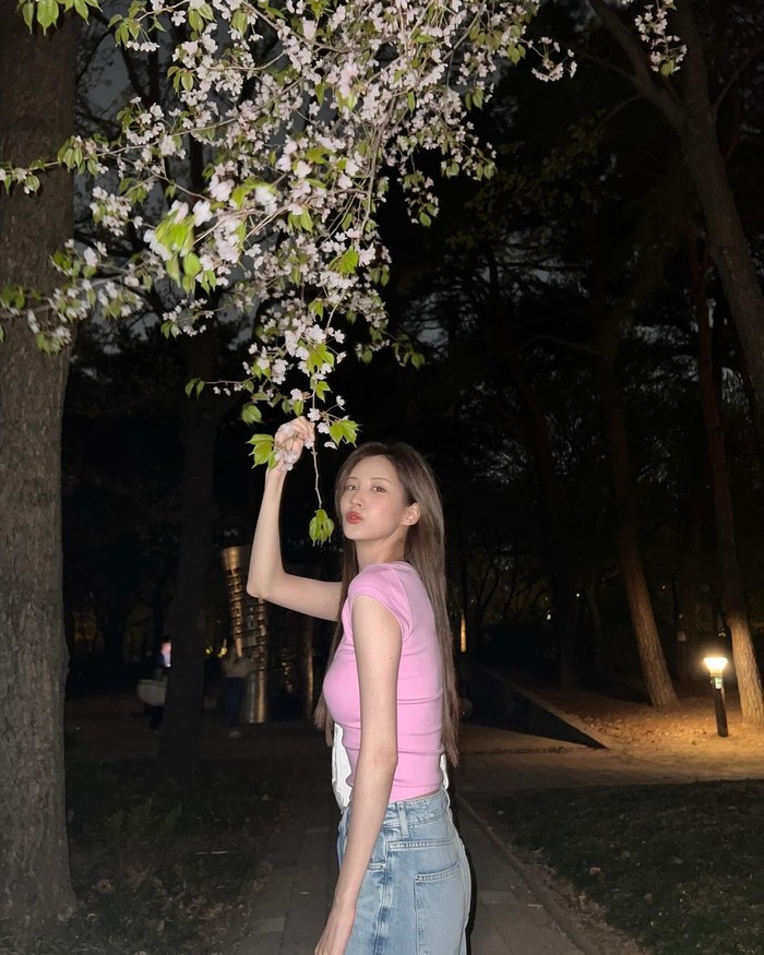 Warna cantik bunga sakura menerangi kegelapan malam dengan keindahannya seperti yang diabadikan oleh Seohyun. Sang aktris tampil tak kalah manis dari bunga dengan mengenakan blouse bewarna pink blush dan juga celana jeans./ Foto: instagram.com/seojuhyun_s