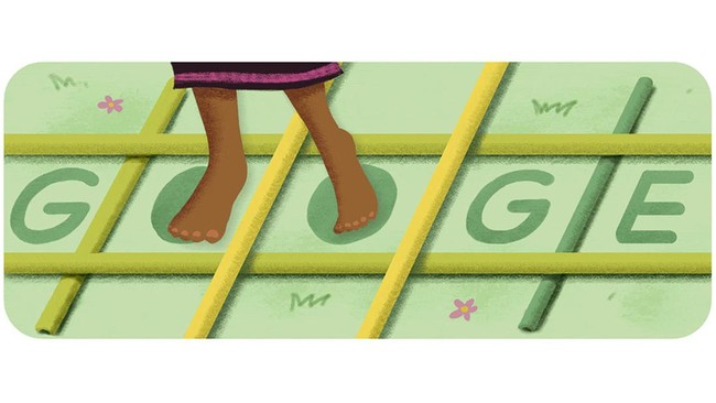 Google Doodle memajang Tari Rangkuk Alu, tari tradisional Indonesia yang memakai rangkaian bambu, di fitur pencariannya.
