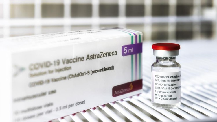 Thailand - June 7, 2021 : Astrazeneca  vaccine against the COVID-19 virus bottles with Vaccine Box on white tray