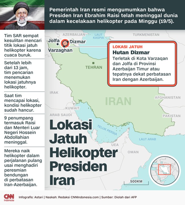 Lokasi jatuh helikopter presiden Iran Ebrahim Raisi kini sudah ditemukan oleh tim penyelamat.