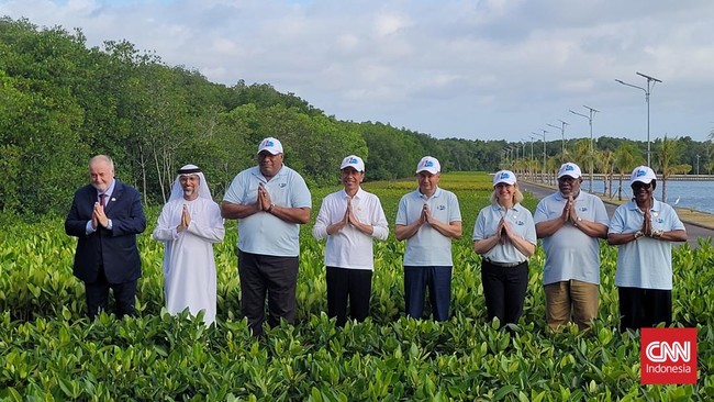 Presiden Joko Widodo berbareng para pemimpin negara peserta World Water Forum 2024 memberikan bibit pohon kepada anak-anak di Tahura Ngurah Rai pada Senin (20/5).