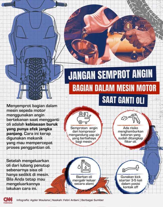 Anda direkomendasi tak menuruti mekanik yang mau mempercepat proses penggantian oli dengan cara menyemprot bagian dalam mesin pakai semprotan angin.